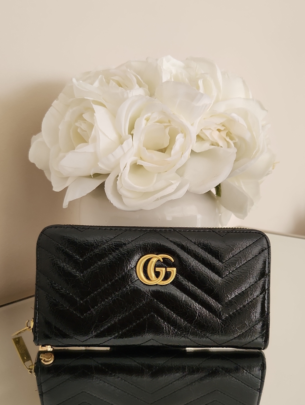 Black Chevron Zip-Around Wallet with Gold Hardware